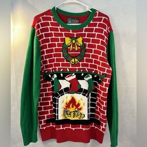 Ugly Christmas  Sweater Fireplace Stockings Wreath Yellow Bow size Large
